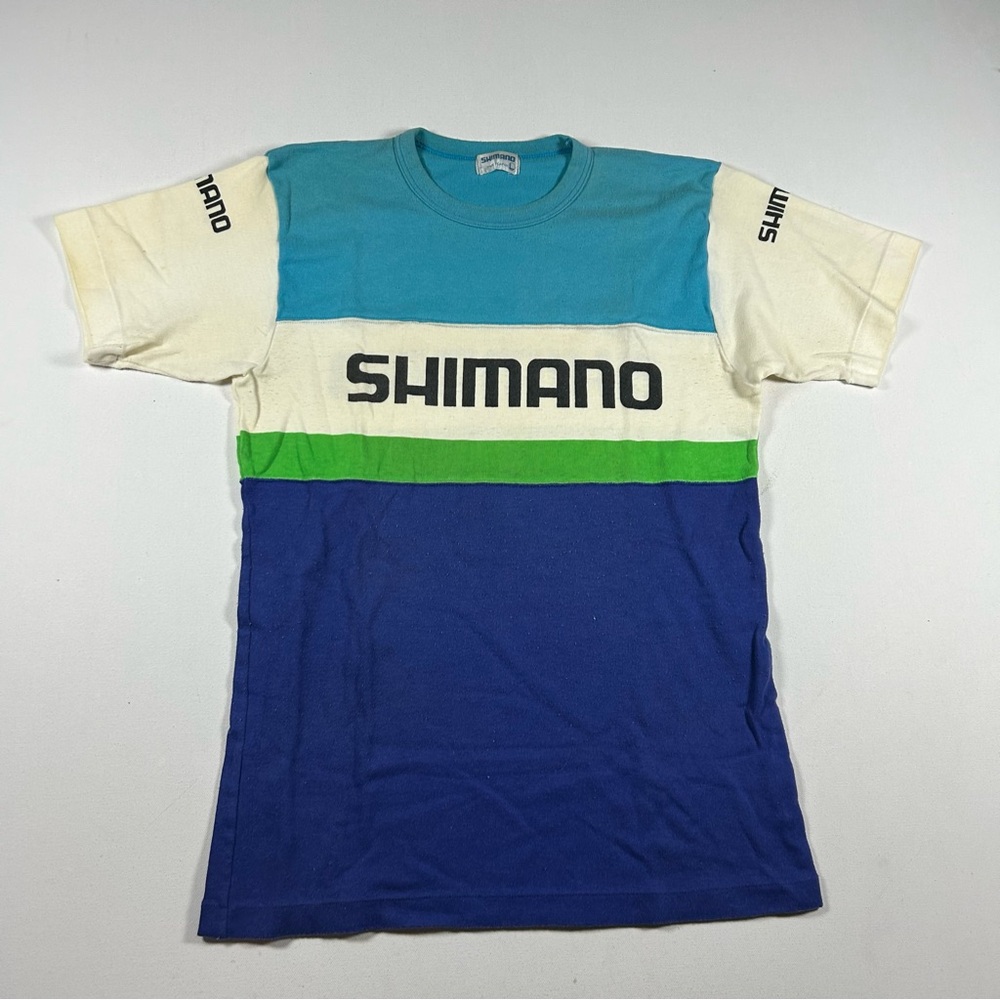 Vintage 80s Shimano Cycling T Shirt Size Large Made In Japan Stretch Colorblock